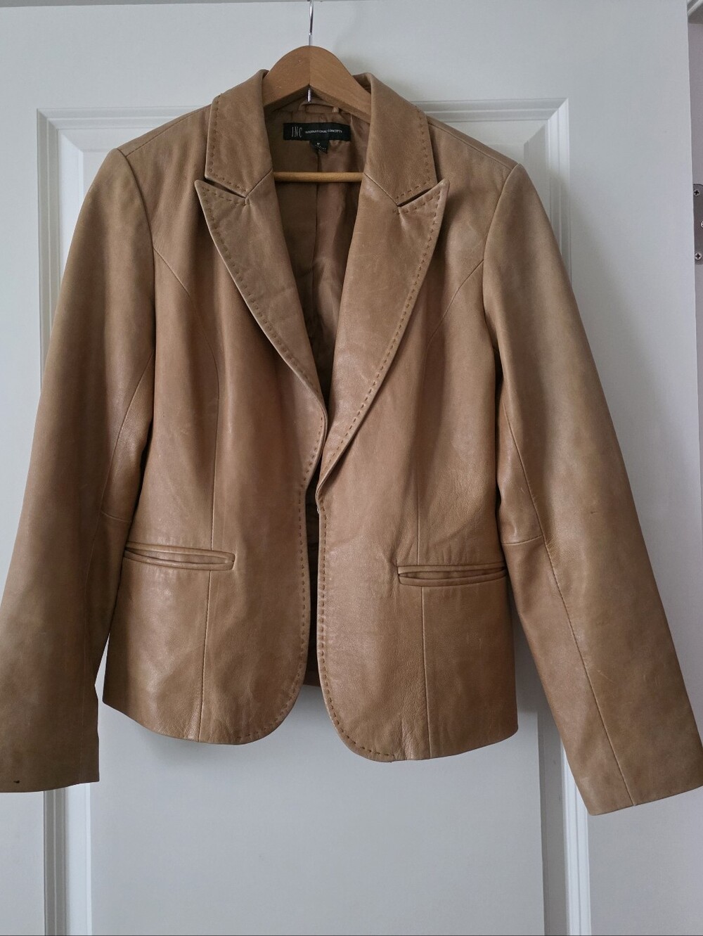 Vintage 90s Leather Jacket Blazer Womens M INC Western Equestrian Boho Tan